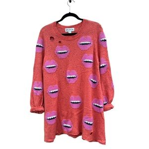Wildfox Motormouth Sunday Red Pink Lip Print Distressed Relaxed Sweater Dress M